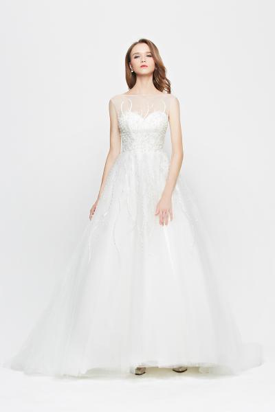 A-Linien-Kleid aus englischem Netztüll mit perlenbesetztem Oberteil und tiefem Rückenausschnitt