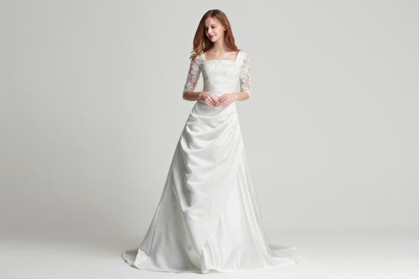 3/4 Ärmeln-Kleid in A-Linie aus Satin mit eckigem Ausschnitt Ivory