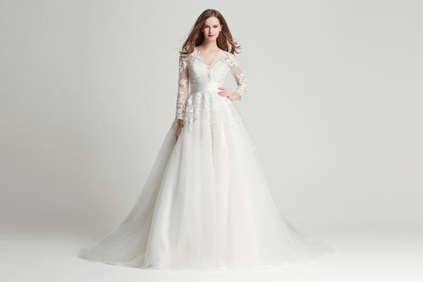 Langärmeliges Kleid in A-Linie aus Vintage-Spitze mit tiefem V-Ausschnitt Ivory