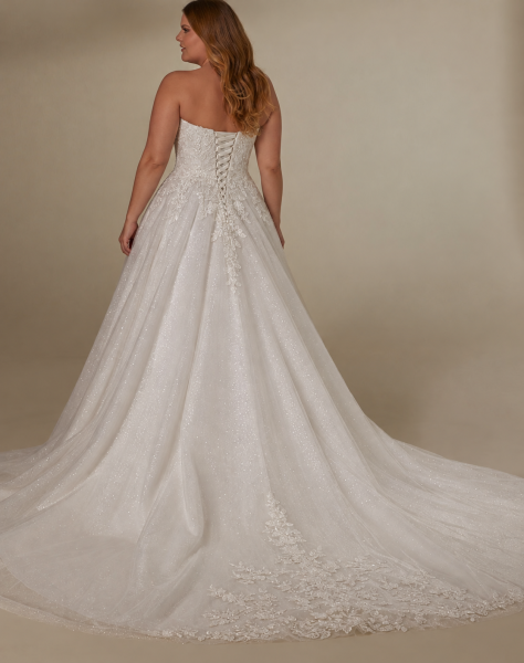 Wunderschönes Ballkleid, das in funkelndem Tüll mit romantischer, frostiger, bestickter Spitze