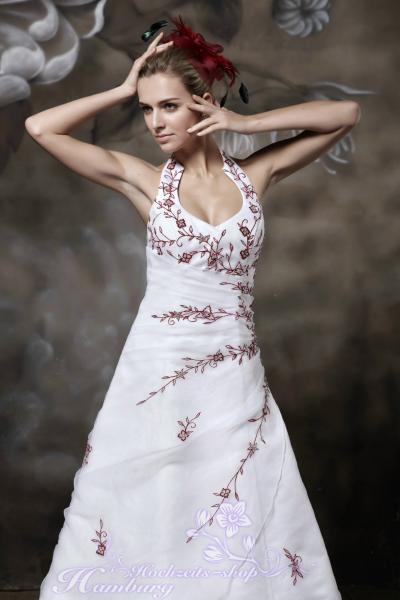 Glamour Organza A-Linie Kathedrale-Schleppe Brautkleid mit bordeaux od. schwarze Stickereien