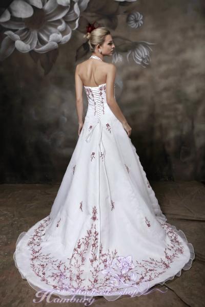 Glamour Organza A-Linie Kathedrale-Schleppe Brautkleid mit bordeaux od. schwarze Stickereien