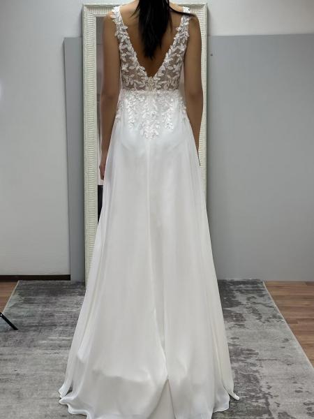 Brautkleid aus Chiffon mit Blätterspitze Glitzer Oberteil ivory/Haut