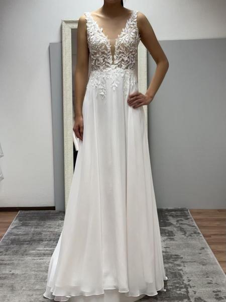 Brautkleid aus Chiffon mit Blätterspitze Glitzer Oberteil ivory/Haut