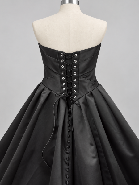 Schwarzes Brautkleid mit Drapierung und Rückenschnürung