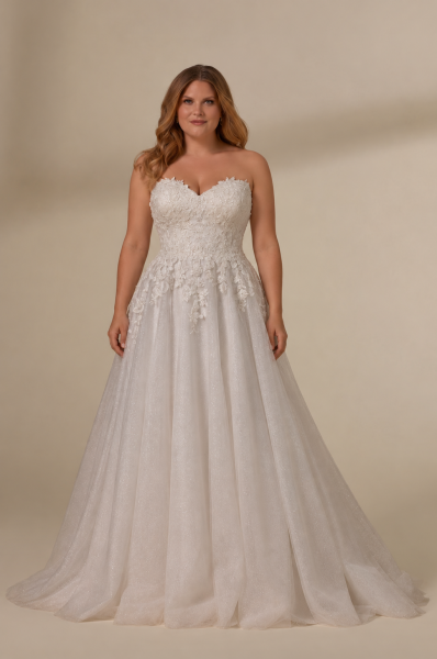 Wunderschönes Ballkleid, das in funkelndem Tüll mit romantischer, frostiger, bestickter Spitze